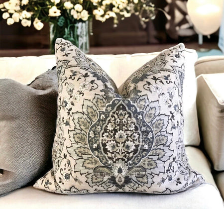 Linen Moroccan Pillow Cover 18x18 20x20 22x22 24x24 Richloom CADOGAN MICA Floral Linen Honey and Blue Gray Moroccan Pillow