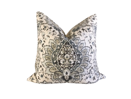 Linen Moroccan Pillow Cover 18x18 20x20 22x22 24x24 Richloom CADOGAN MICA Floral Linen Honey and Blue Gray Moroccan Pillow
