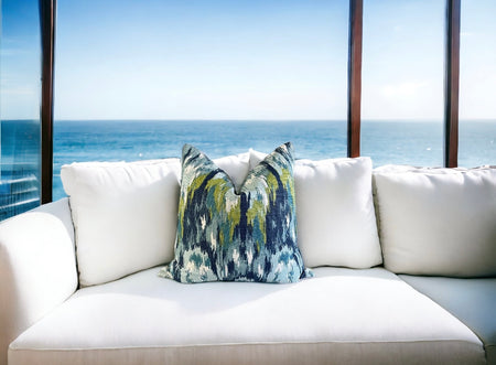 Blue Ikat Craze Throw Pillow Cover Double Sided 18x18 20x20 22x22 24x24 12x20 14x22 Birch Barkcloth Navy, Shades of Blue, Green Accents