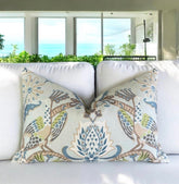Peacock Garden Linen Pillow Cover: Aqua Bird Print Throw Pillow