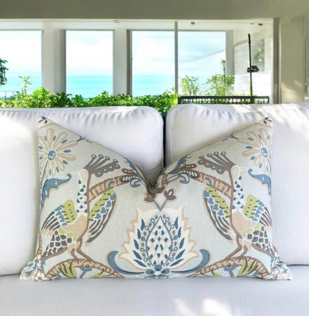 Peacock Garden Linen Pillow Cover: Aqua Bird Print Throw Pillow