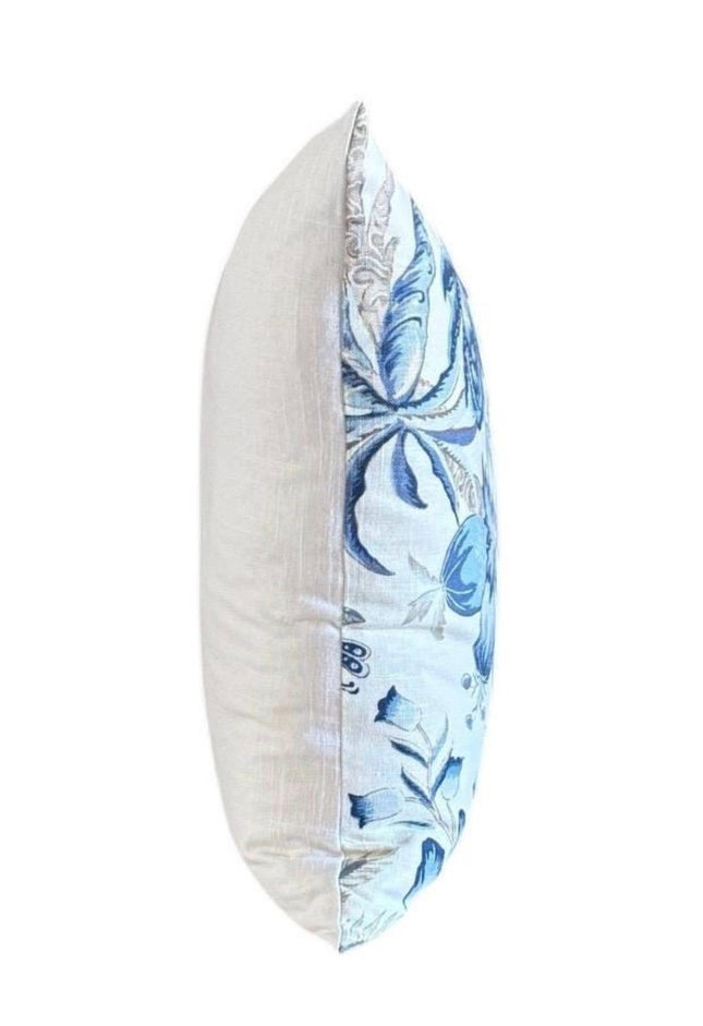 Botanical Linen Blend Throw Pillow Cover: Blue Taupe Floral Palms