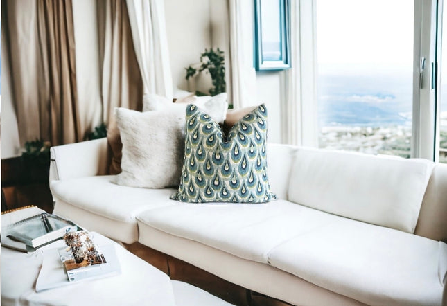 Peacock Throw Pillow Cover 18x18 20x20 22x22 24x24 12x20 14x22 Chloe Birchcloth Navy Blue Teal Lime Ivory Geometric Modern