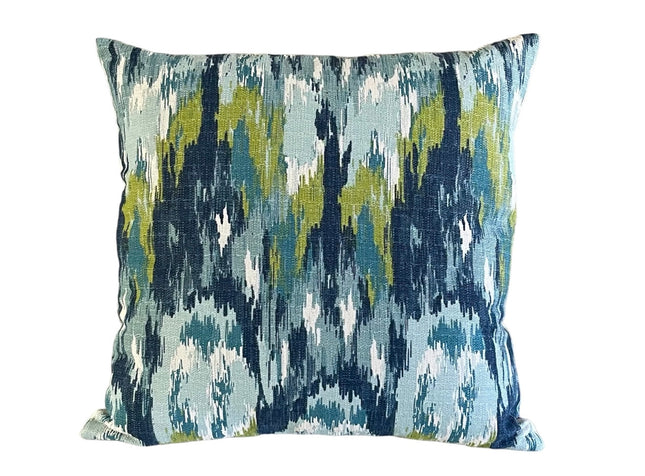Blue Ikat Craze Throw Pillow Cover Double Sided 18x18 20x20 22x22 24x24 12x20 14x22 Birch Barkcloth Navy, Shades of Blue, Green Accents
