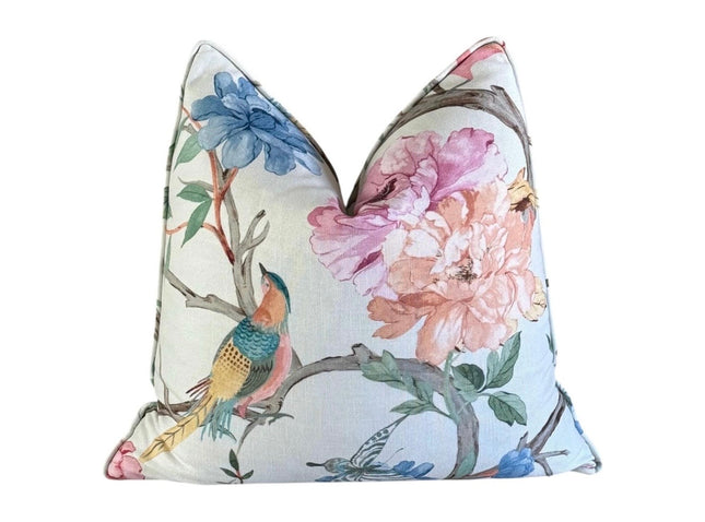 Eliana Garden Pillow Cover with Self Welt: Floral Bird Print Cotton Throw Pillow