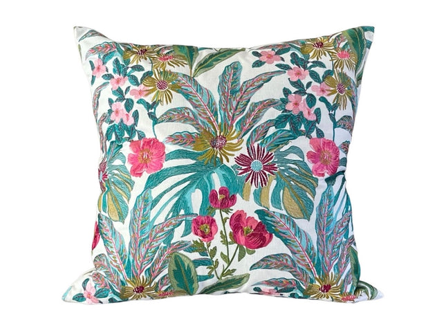 Vibrant Floral Embroidered Pillow Cover with Ivory Velvet Back
