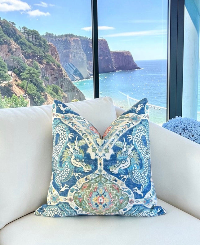 Drakon Blue Dragon Designer Pillow Cover – Bold Mythical Décor Accent