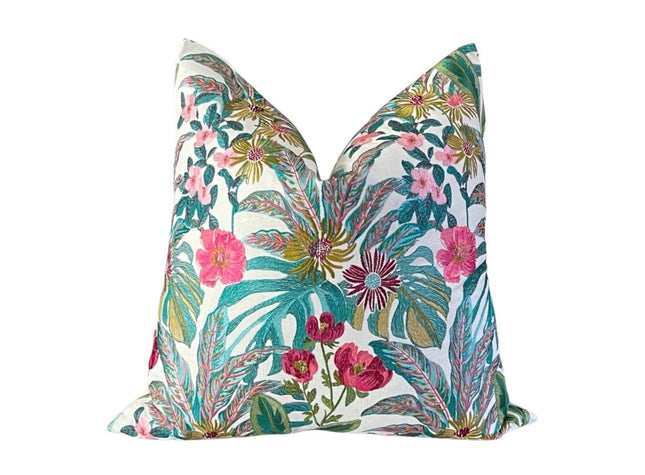 Vibrant Floral Embroidered Pillow Cover with Ivory Velvet Back