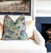 Floral Linen Throw Pillow Cover: Braganza Endive with Orange Welt