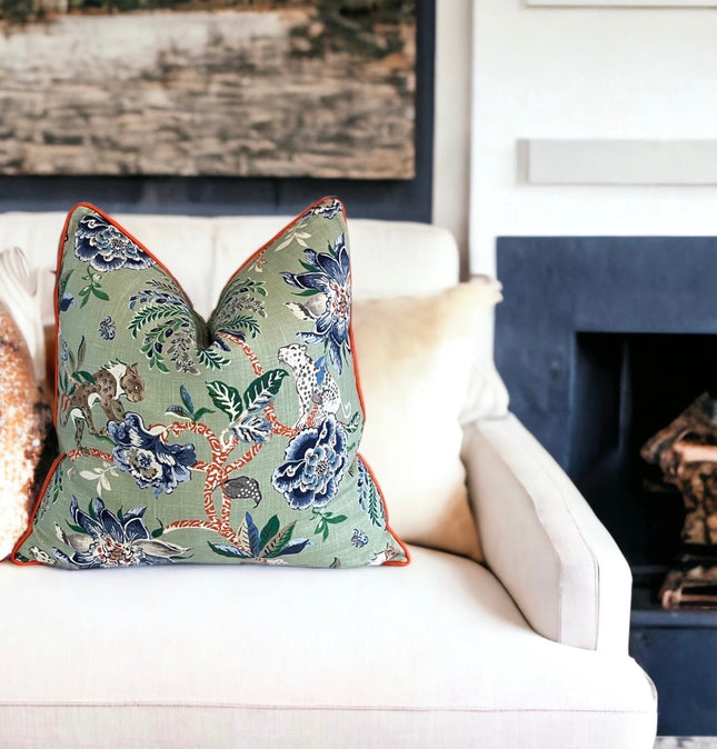 Floral Linen Throw Pillow Cover: Braganza Endive with Orange Welt