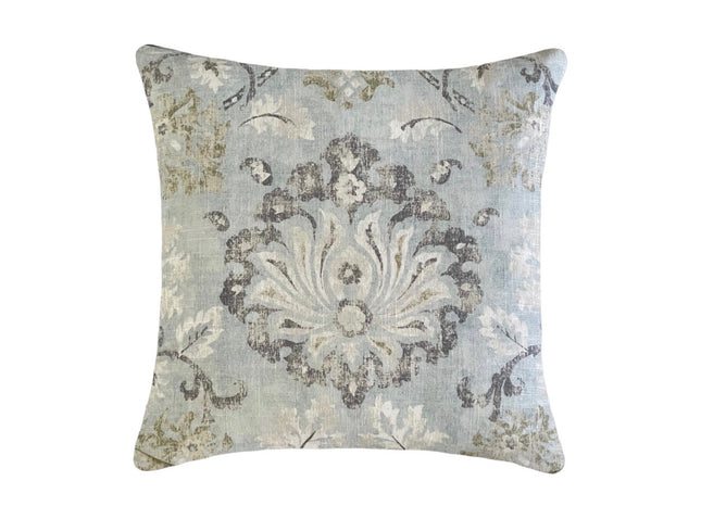 Covington Lotus Linen Blend Pillow Cover: Distressed Damask, Mineral Blue
