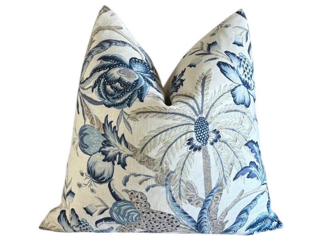 Botanical Linen Blend Throw Pillow Cover: Blue Taupe Floral Palms