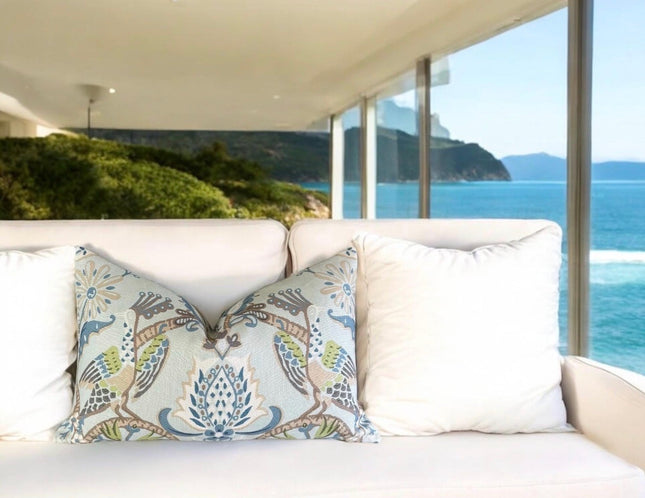 Peacock Garden Linen Pillow Cover: Aqua Bird Print Throw Pillow