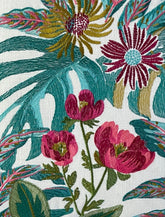 Vibrant Floral Embroidered Pillow Cover with Ivory Velvet Back