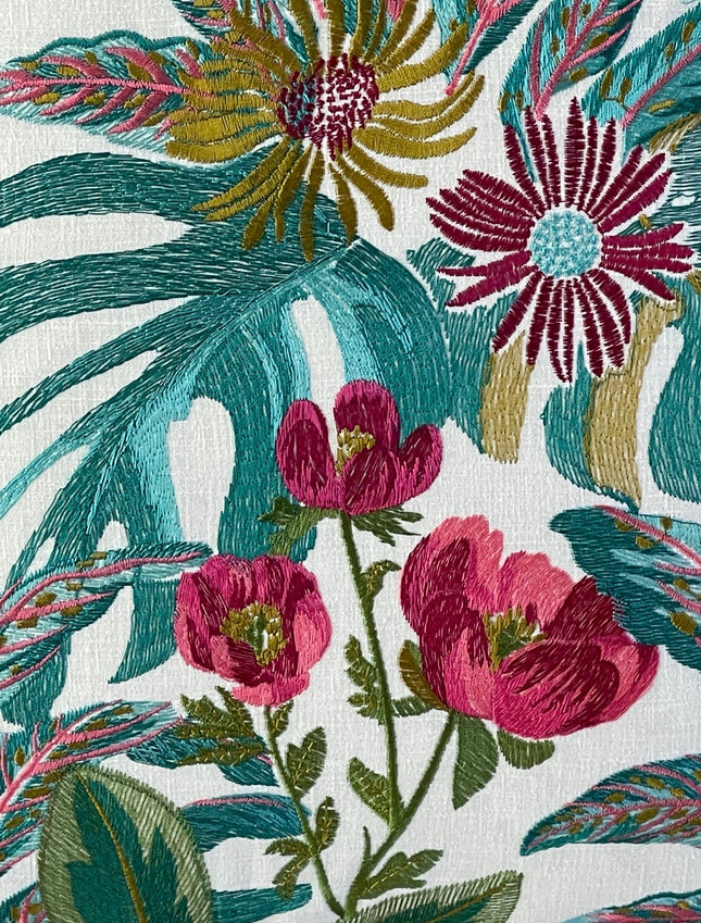 Vibrant Floral Embroidered Pillow Cover with Ivory Velvet Back