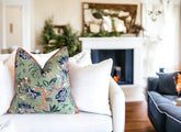 Floral Linen Throw Pillow Cover: Braganza Endive with Orange Welt