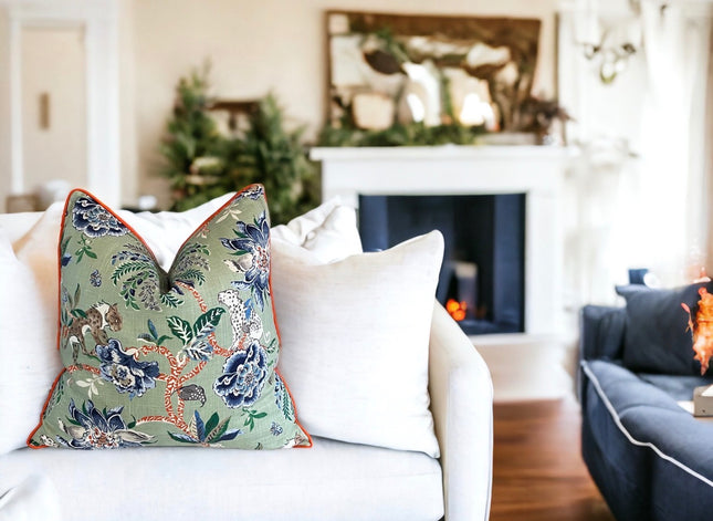 Floral Linen Throw Pillow Cover: Braganza Endive with Orange Welt