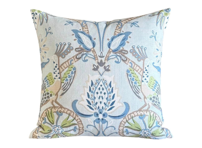 Peacock Garden Linen Pillow Cover: Aqua Bird Print Throw Pillow