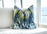 Blue Ikat Craze Throw Pillow Cover Double Sided 18x18 20x20 22x22 24x24 12x20 14x22 Birch Barkcloth Navy, Shades of Blue, Green Accents