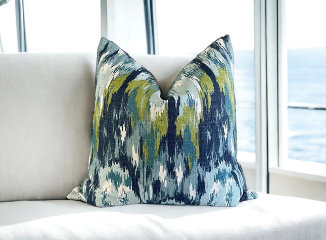 Blue Ikat Craze Throw Pillow Cover Double Sided 18x18 20x20 22x22 24x24 12x20 14x22 Birch Barkcloth Navy, Shades of Blue, Green Accents