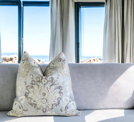 Covington Lotus Linen Blend Pillow Cover: Distressed Damask, Mineral Blue