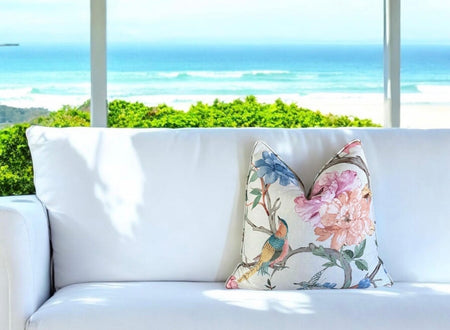 Eliana Garden Pillow Cover with Self Welt: Floral Bird Print Cotton Throw Pillow