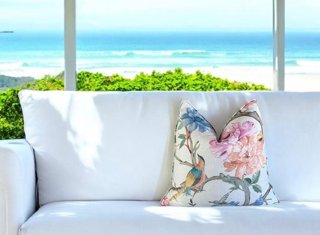Eliana Garden Pillow Cover with Self Welt: Floral Bird Print Cotton Throw Pillow