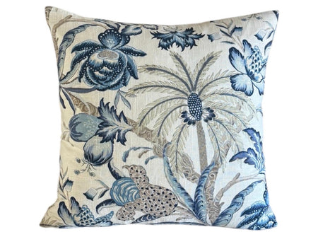 Botanical Linen Blend Throw Pillow Cover: Blue Taupe Floral Palms