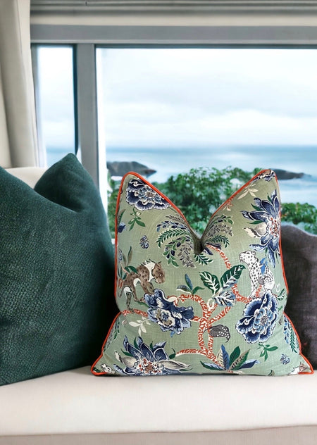 Floral Linen Throw Pillow Cover: Braganza Endive with Orange Welt
