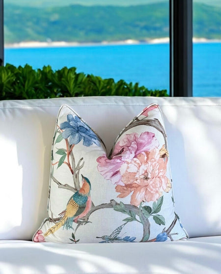Eliana Garden Pillow Cover with Self Welt: Floral Bird Print Cotton Throw Pillow