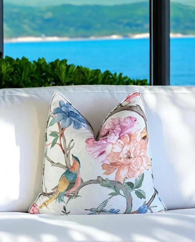 Eliana Garden Pillow Cover with Self Welt: Floral Bird Print Cotton Throw Pillow
