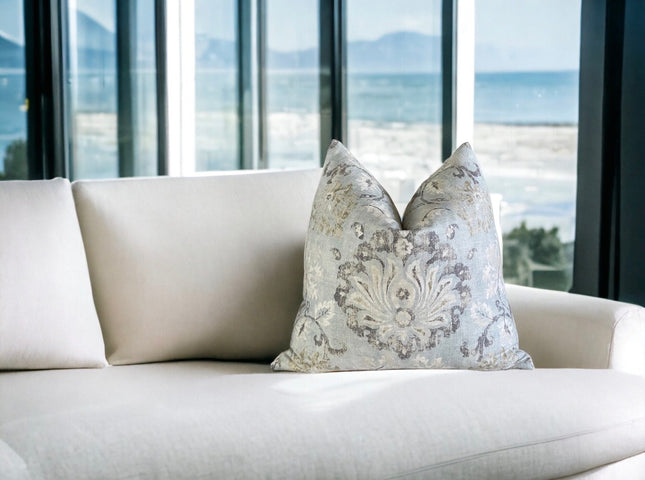Covington Lotus Linen Blend Pillow Cover: Distressed Damask, Mineral Blue