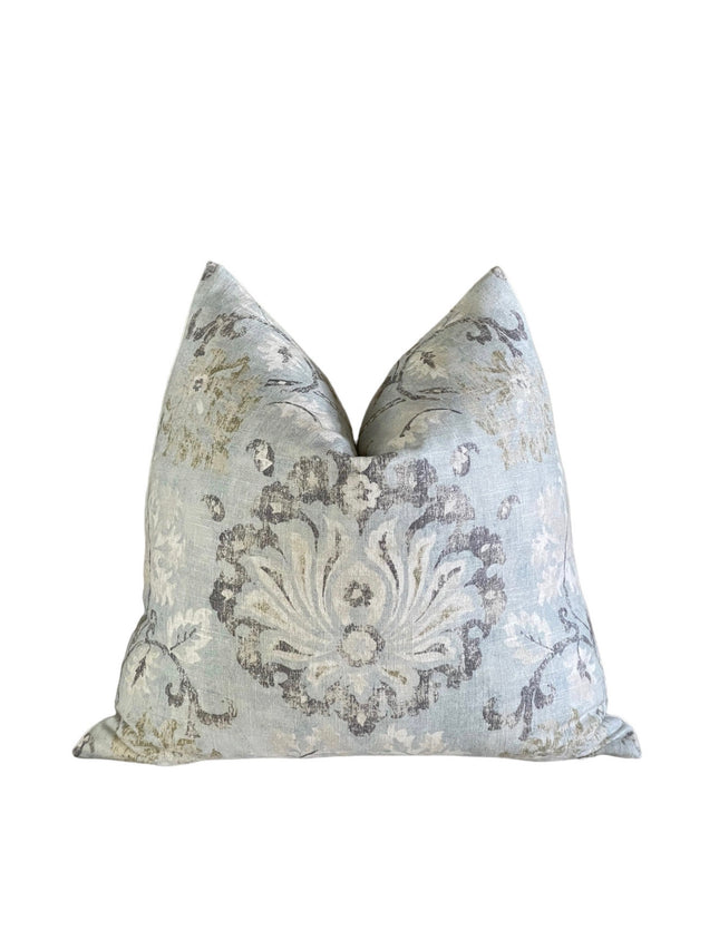 Covington Lotus Linen Blend Pillow Cover: Distressed Damask, Mineral Blue