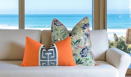 Floral Linen Throw Pillow Cover: Braganza Endive with Orange Welt
