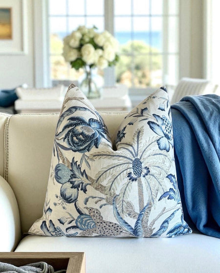 Botanical Linen Blend Throw Pillow Cover: Blue Taupe Floral Palms