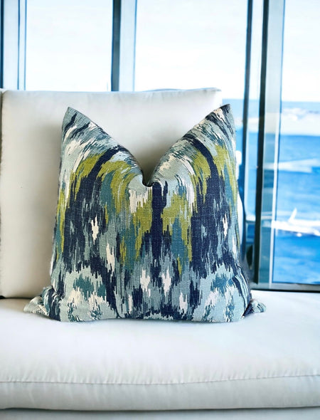 Blue Ikat Craze Throw Pillow Cover Double Sided 18x18 20x20 22x22 24x24 12x20 14x22 Birch Barkcloth Navy, Shades of Blue, Green Accents