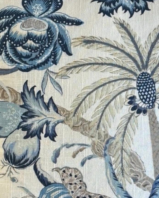 Botanical Linen Blend Throw Pillow Cover: Blue Taupe Floral Palms