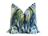 Blue Ikat Craze Throw Pillow Cover Double Sided 18x18 20x20 22x22 24x24 12x20 14x22 Birch Barkcloth Navy, Shades of Blue, Green Accents