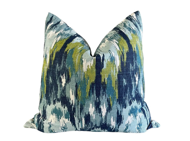 Blue Ikat Craze Throw Pillow Cover Double Sided 18x18 20x20 22x22 24x24 12x20 14x22 Birch Barkcloth Navy, Shades of Blue, Green Accents