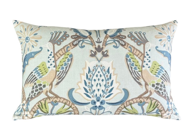 Peacock Garden Linen Pillow Cover: Aqua Bird Print Throw Pillow