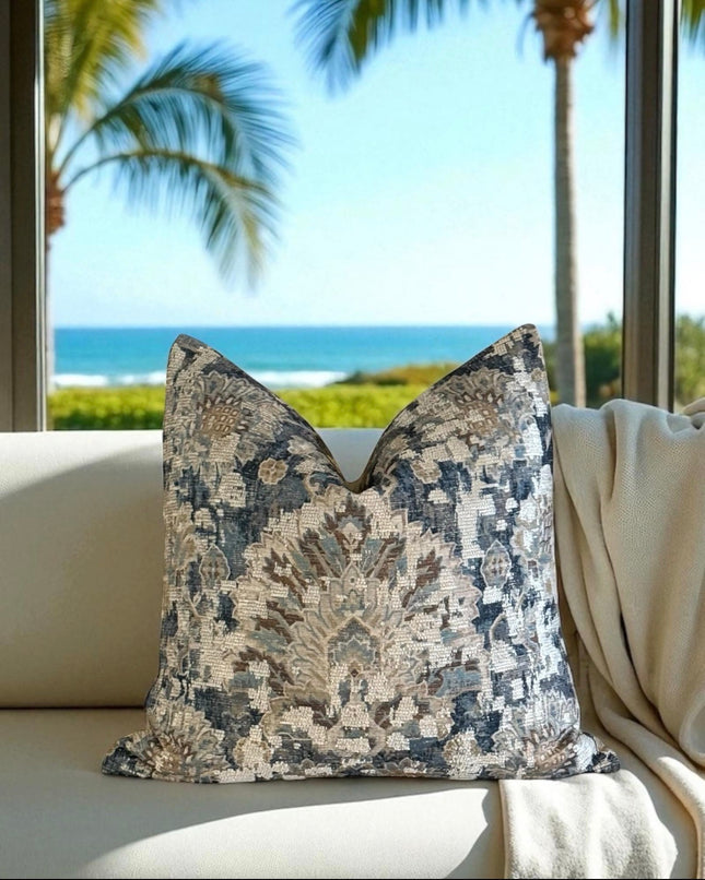 Florenta Designer Pillow Cover – Timeless Medallion Pattern in Slate & Taupe