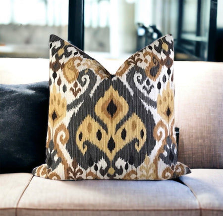 Ikat Mill Creek Throw Pillow Cover 18x18, 20x20, 22x22, 24x24, 12x20, 14x22 Charcoal, Gold, Mustard, Ivory Moroccan