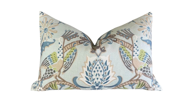 Peacock Garden Linen Pillow Cover: Aqua Bird Print Throw Pillow