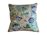 Floral Linen Throw Pillow Cover: Braganza Endive with Orange Welt