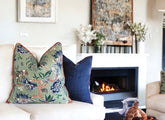 Floral Linen Throw Pillow Cover: Braganza Endive with Orange Welt