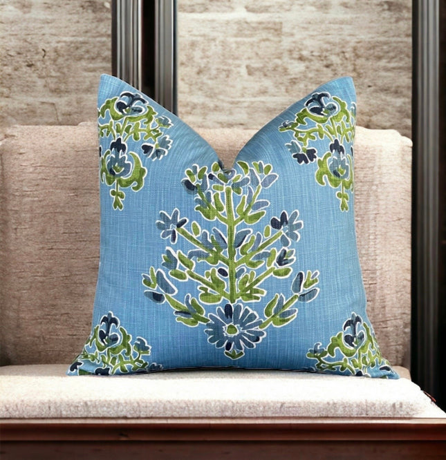 Lancefield Clara Double Sided Cotton Pillow Cover 18x18, 20x20, 22x22, 24x24, 12x20, 12x22, 14x22 Blue Green Throw Pillow Cover