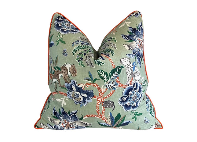Floral Linen Throw Pillow Cover: Braganza Endive with Orange Welt