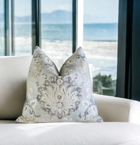 Covington Lotus Linen Blend Pillow Cover: Distressed Damask, Mineral Blue