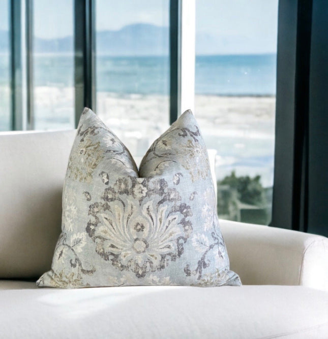 Covington Lotus Linen Blend Pillow Cover: Distressed Damask, Mineral Blue