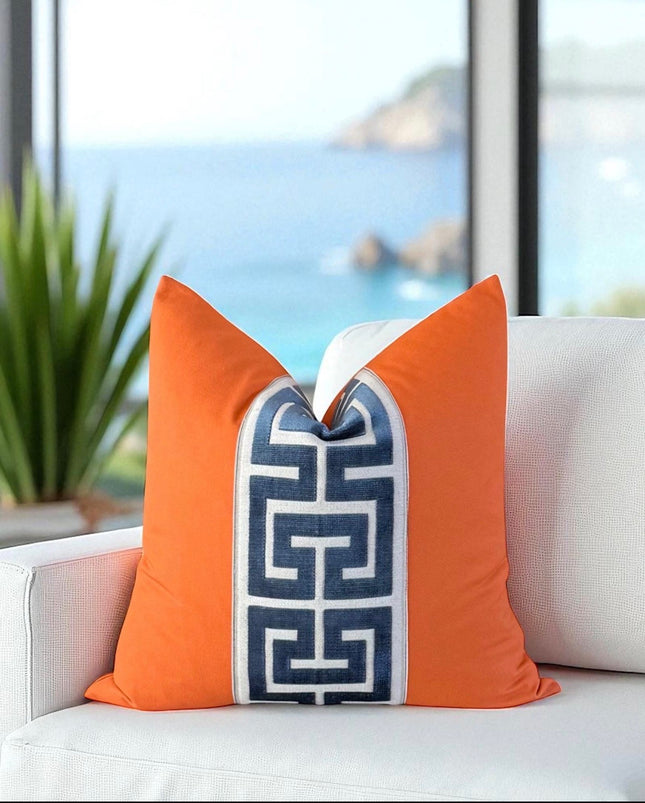 Orange Greek Key Pillow Cover: Coastal Mediterranean Decor